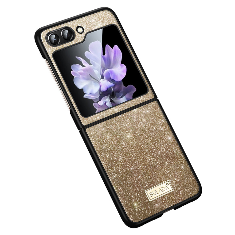 Uniqkart For Samsung Galaxy Z Flip5 5G Glitter Sequins Shiny Case PU Leather Coated PC + TPU Anti Slip Shockproof Cover - Gold