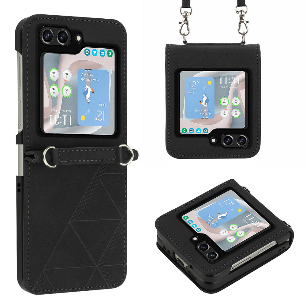 YB Imprinting Series-1 for Samsung Galaxy Z Flip5 5G Phone Leather Cover Imprinted Phone Case with Shoulder Strap - Black