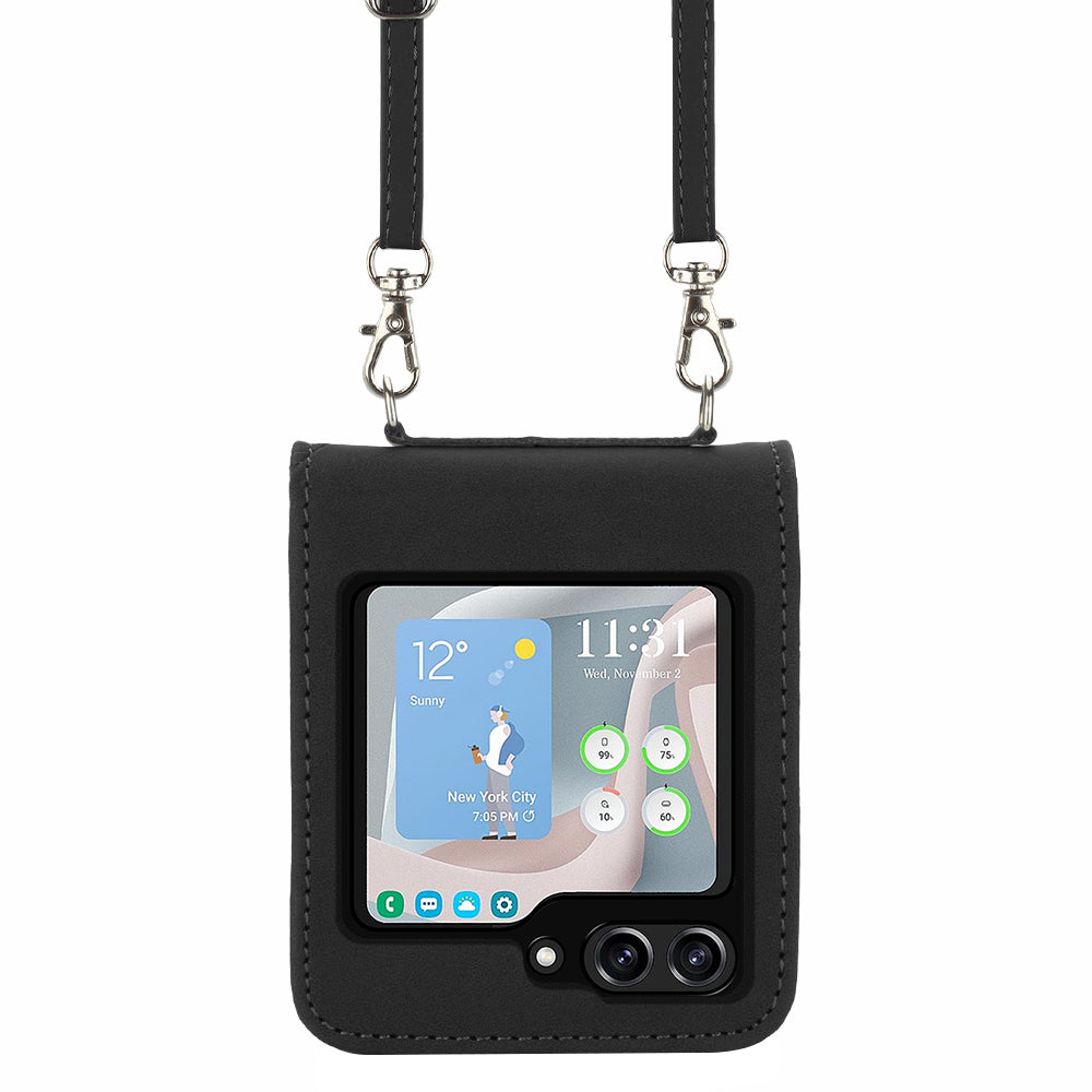 YB Imprinting Series-1 for Samsung Galaxy Z Flip5 5G Phone Leather Cover Imprinted Phone Case with Shoulder Strap - Black