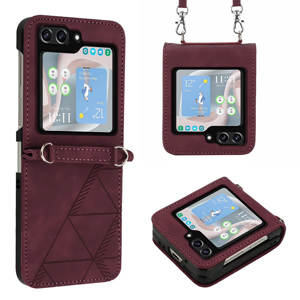 YB Imprinting Series-1 for Samsung Galaxy Z Flip5 5G Phone Leather Cover Imprinted Phone Case with Shoulder Strap - Wine Red