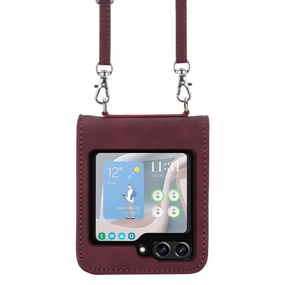 YB Imprinting Series-1 for Samsung Galaxy Z Flip5 5G Phone Leather Cover Imprinted Phone Case with Shoulder Strap - Wine Red