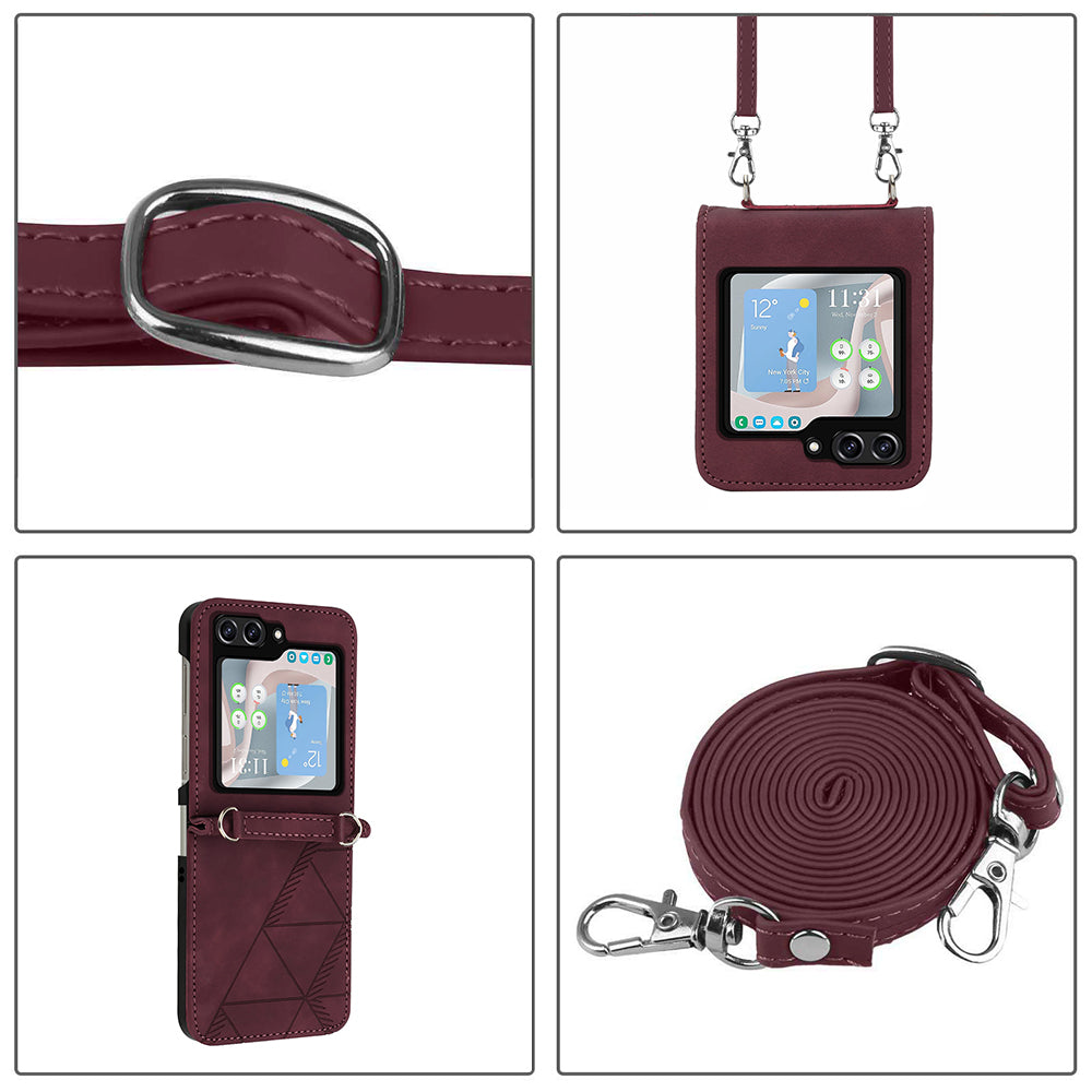 YB Imprinting Series-1 for Samsung Galaxy Z Flip5 5G Phone Leather Cover Imprinted Phone Case with Shoulder Strap - Wine Red