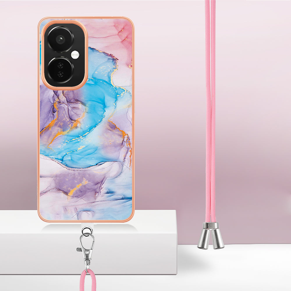 YB IMD Series-4 TPU Phone Case for OnePlus Nord CE 3 Lite 5G / Nord N30 5G , IMD Marble Flower Pattern Electroplated Cover with Lanyard - Milky Way Marble Blue
