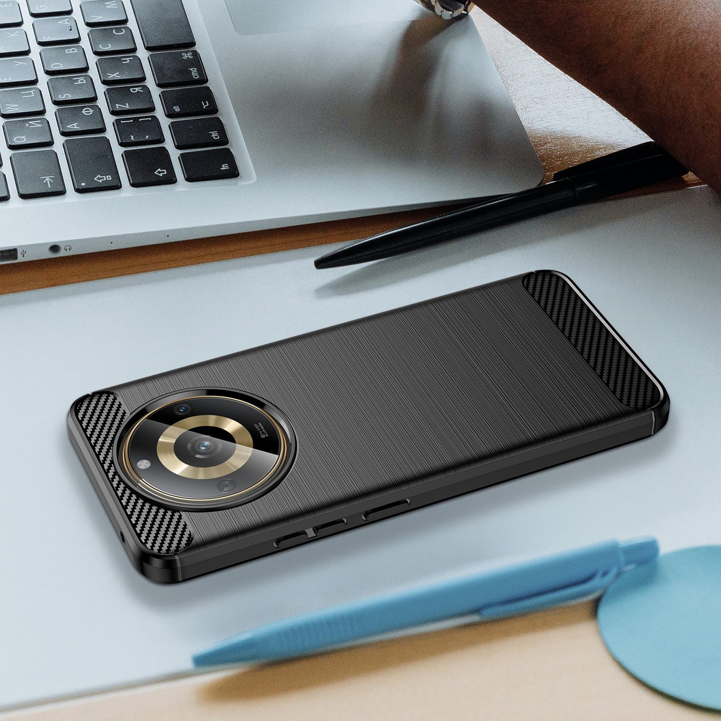 Phone Protector Case for Realme 11 5G , Carbon Fiber Texture Soft TPU Brushed Phone Cover - Black