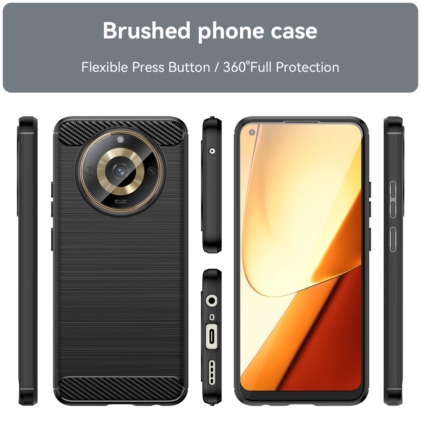 Phone Protector Case for Realme 11 5G , Carbon Fiber Texture Soft TPU Brushed Phone Cover - Black