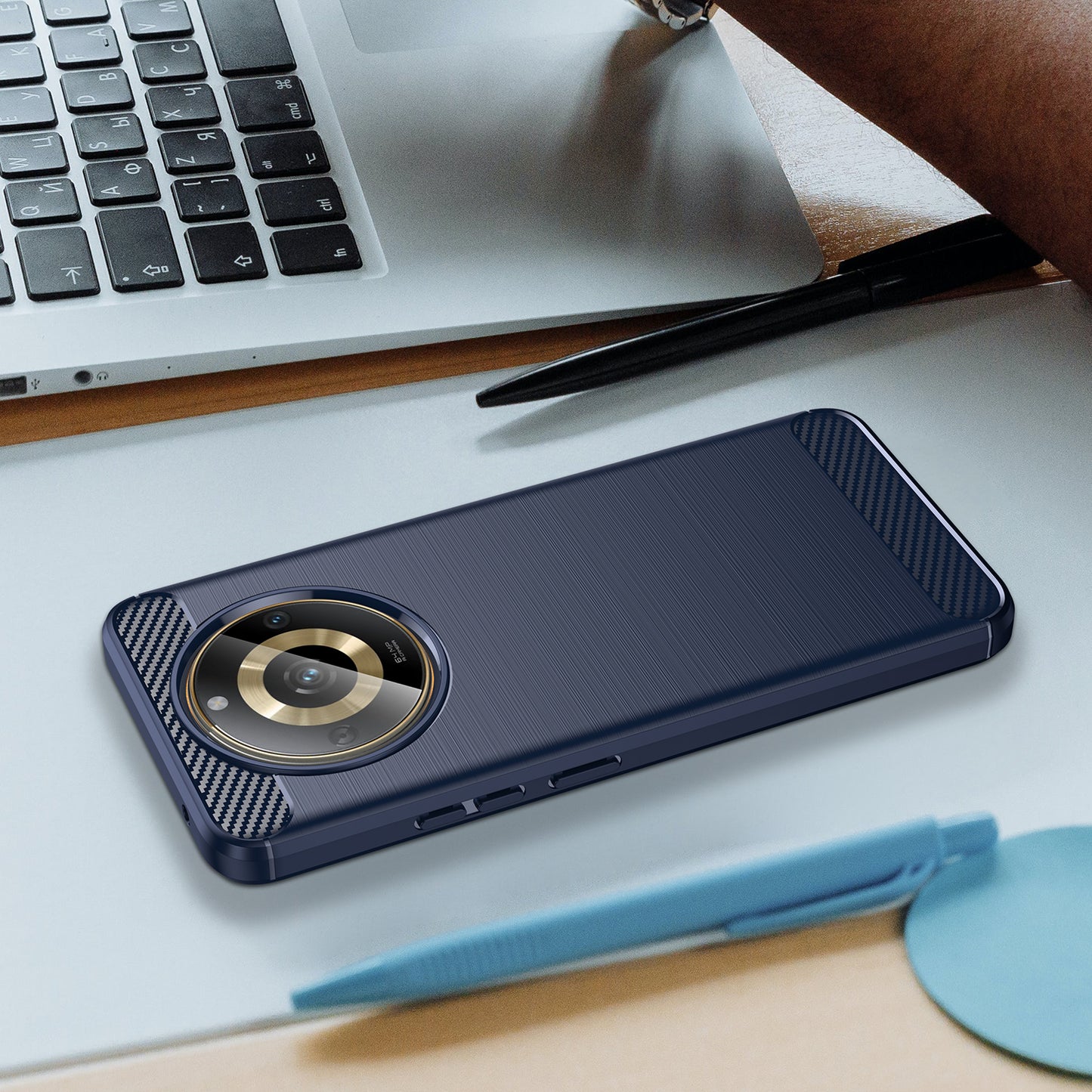 Phone Protector Case for Realme 11 5G , Carbon Fiber Texture Soft TPU Brushed Phone Cover - Blue