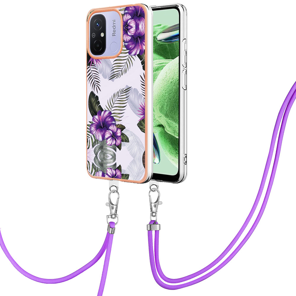 YB IMD Series-4 for Xiaomi Redmi 12C 4G / 11A 4G TPU Cell Phone Case Electroplating Marble Flower Pattern IMD Cover with Lanyard - Purple Flowers