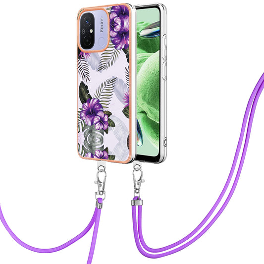 YB IMD Series-4 for Xiaomi Redmi 12C 4G / 11A 4G TPU Cell Phone Case Electroplating Marble Flower Pattern IMD Cover with Lanyard - Purple Flowers