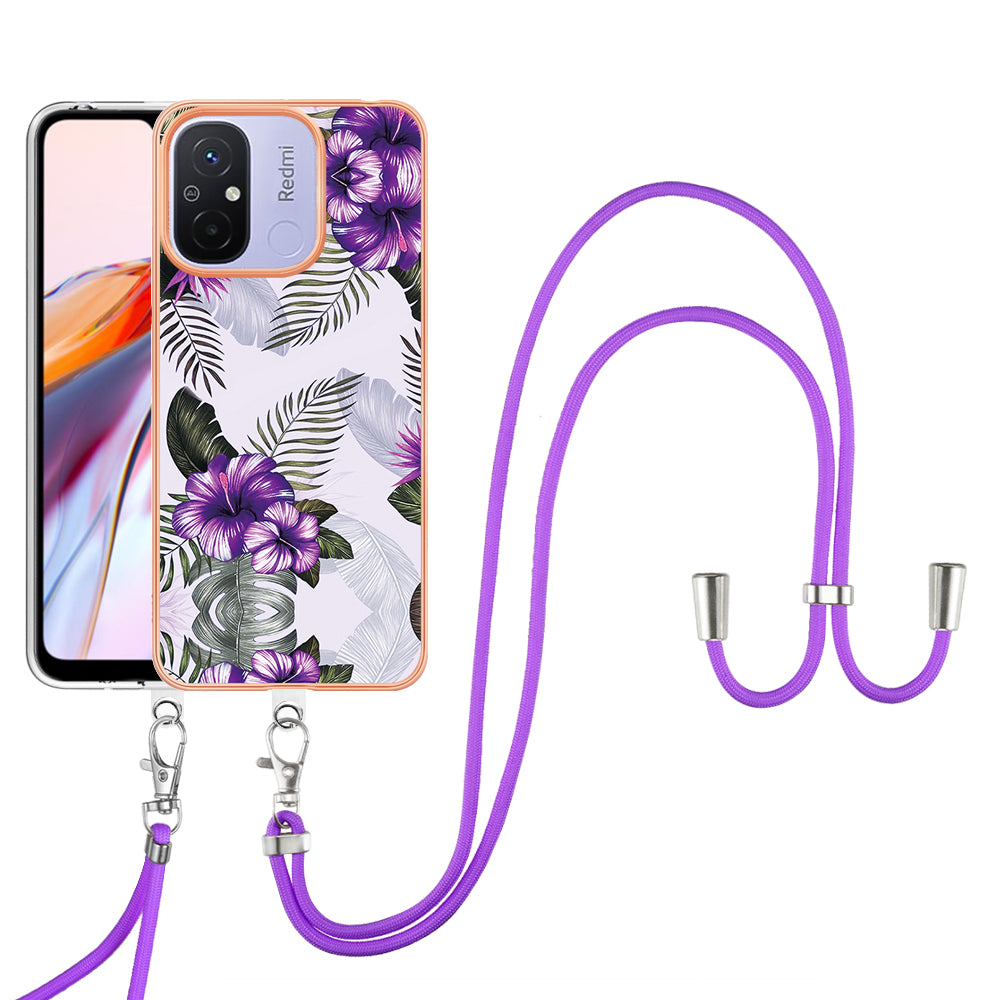 YB IMD Series-4 for Xiaomi Redmi 12C 4G / 11A 4G TPU Cell Phone Case Electroplating Marble Flower Pattern IMD Cover with Lanyard - Purple Flowers