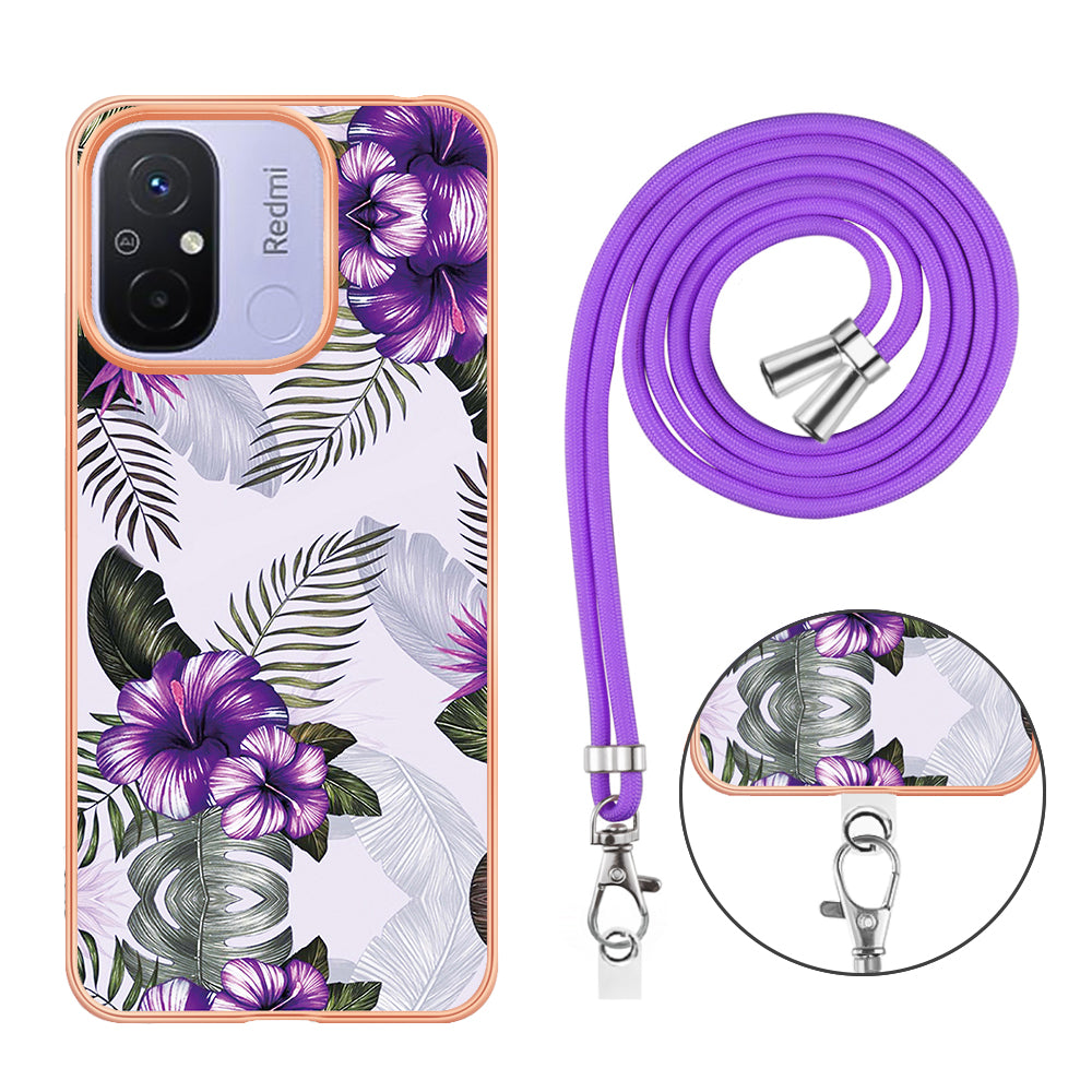 YB IMD Series-4 for Xiaomi Redmi 12C 4G / 11A 4G TPU Cell Phone Case Electroplating Marble Flower Pattern IMD Cover with Lanyard - Purple Flowers