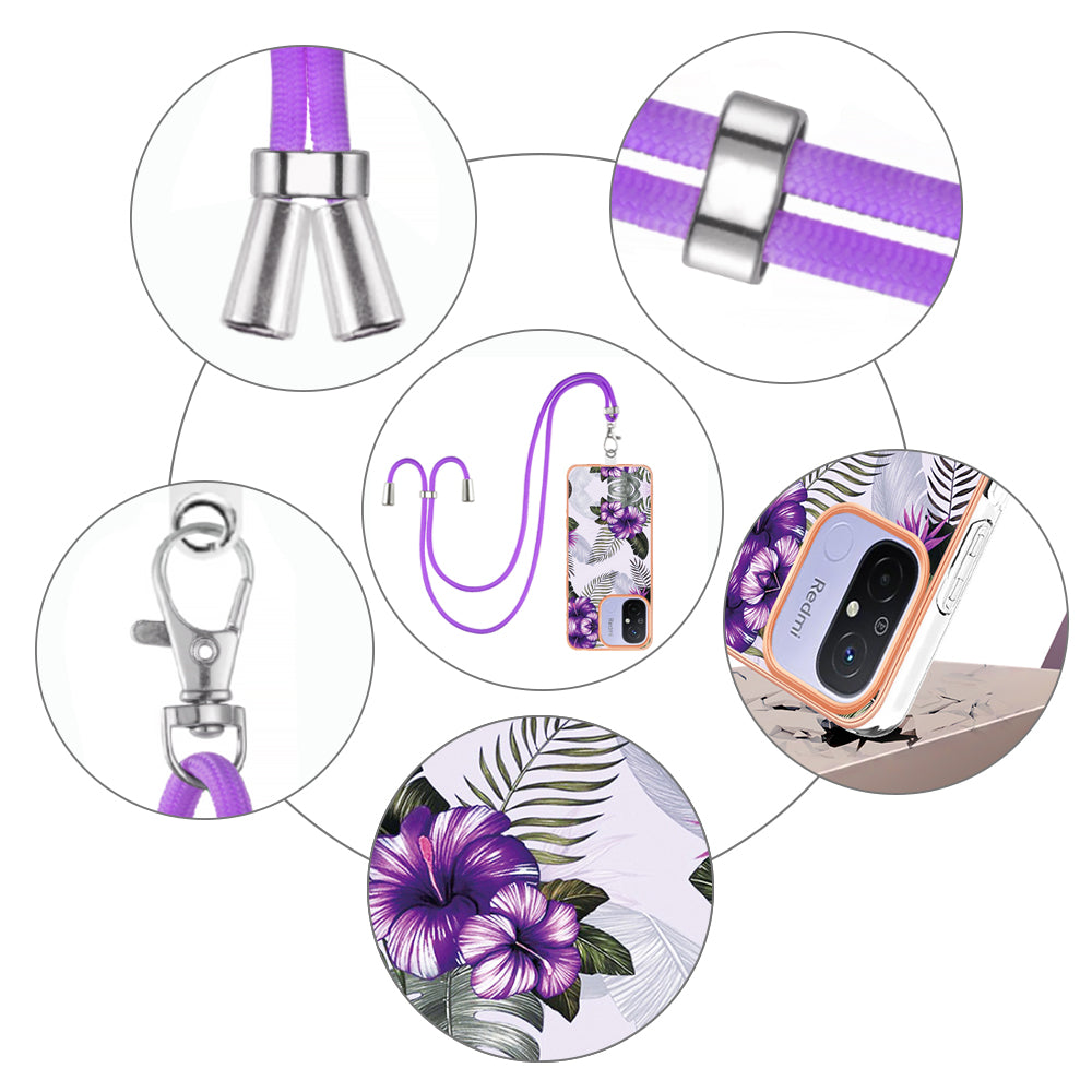YB IMD Series-4 for Xiaomi Redmi 12C 4G / 11A 4G TPU Cell Phone Case Electroplating Marble Flower Pattern IMD Cover with Lanyard - Purple Flowers