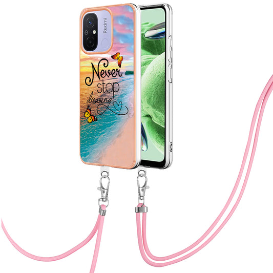 YB IMD Series-4 for Xiaomi Redmi 12C 4G / 11A 4G TPU Cell Phone Case Electroplating Marble Flower Pattern IMD Cover with Lanyard - Never Stop Dreaming