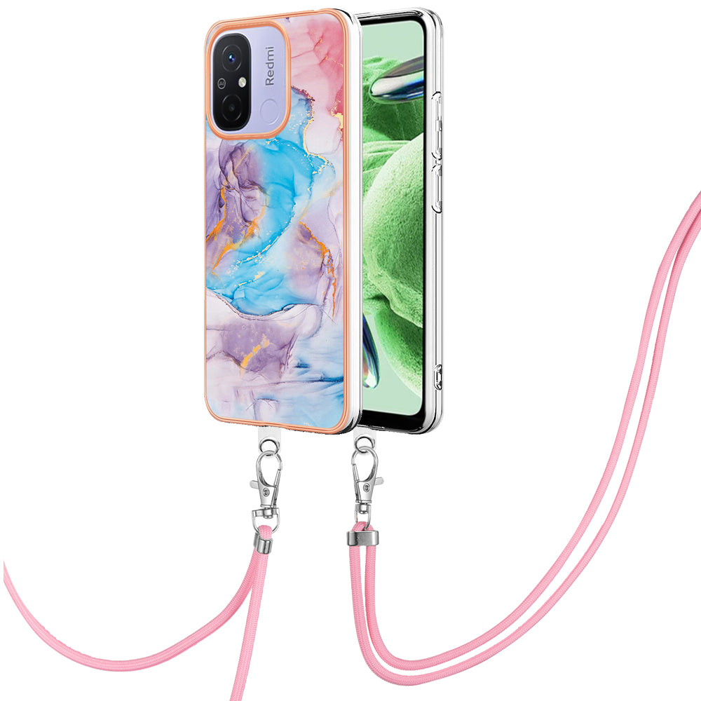 YB IMD Series-4 for Xiaomi Redmi 12C 4G / 11A 4G TPU Cell Phone Case Electroplating Marble Flower Pattern IMD Cover with Lanyard - Milky Way Marble Blue