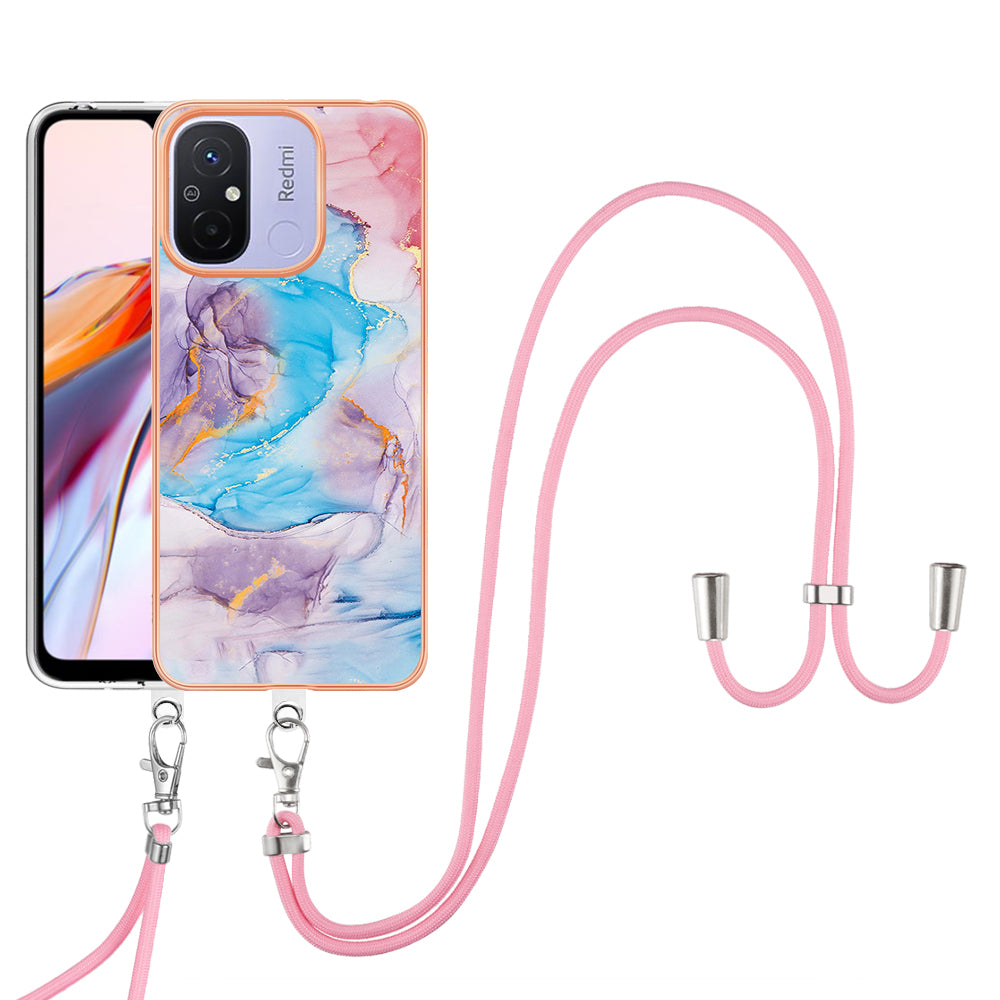 YB IMD Series-4 for Xiaomi Redmi 12C 4G / 11A 4G TPU Cell Phone Case Electroplating Marble Flower Pattern IMD Cover with Lanyard - Milky Way Marble Blue