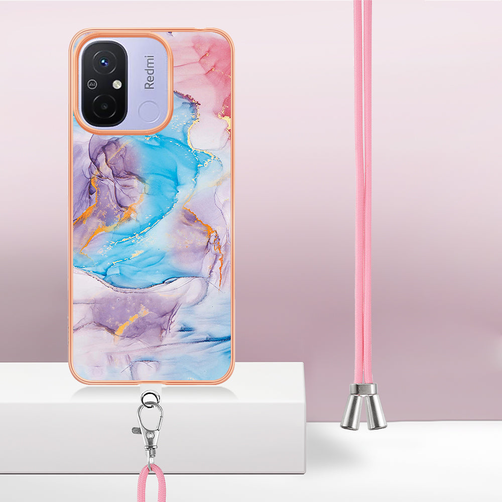 YB IMD Series-4 for Xiaomi Redmi 12C 4G / 11A 4G TPU Cell Phone Case Electroplating Marble Flower Pattern IMD Cover with Lanyard - Milky Way Marble Blue
