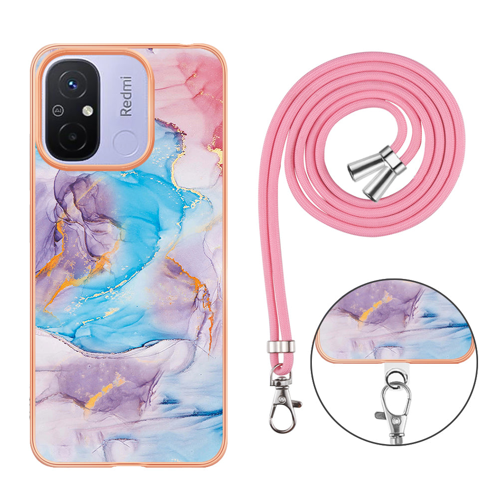 YB IMD Series-4 for Xiaomi Redmi 12C 4G / 11A 4G TPU Cell Phone Case Electroplating Marble Flower Pattern IMD Cover with Lanyard - Milky Way Marble Blue