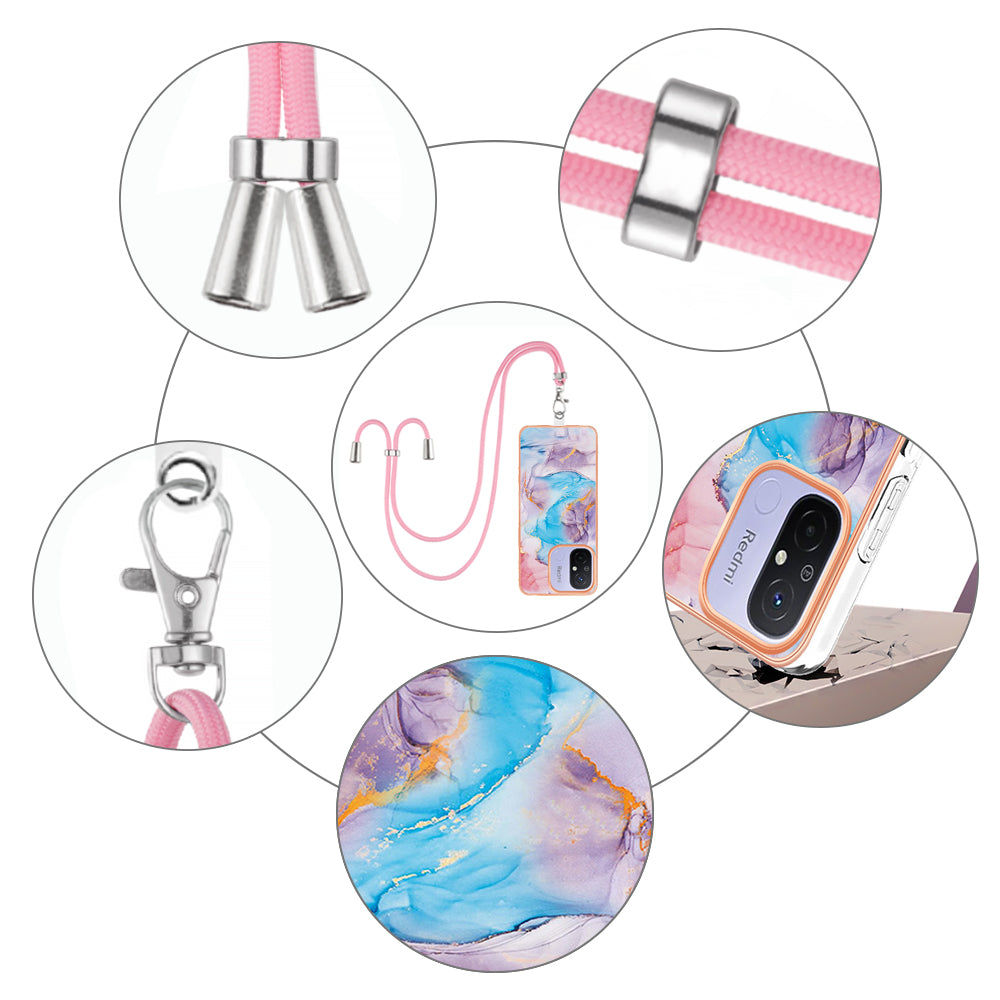 YB IMD Series-4 for Xiaomi Redmi 12C 4G / 11A 4G TPU Cell Phone Case Electroplating Marble Flower Pattern IMD Cover with Lanyard - Milky Way Marble Blue