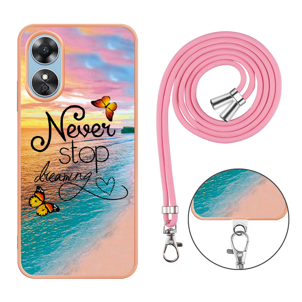 YB IMD Series-4 for Oppo A17 4G Marble Flower Pattern Design Case IMD TPU Electroplating Phone Cover with Lanyard - Never Stop Dreaming