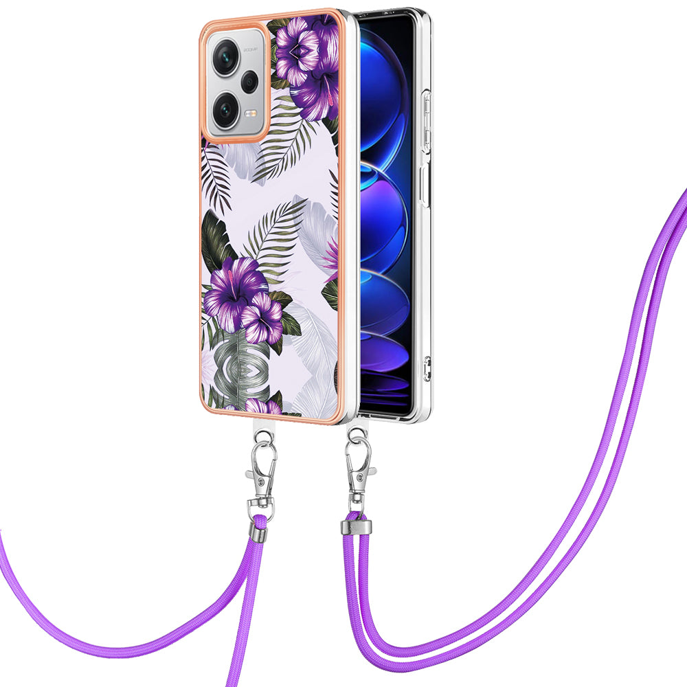 YB IMD Series-4 for Xiaomi Redmi Note 12 Pro+ 5G Electroplating TPU Shockproof Cover IMD Marble Flower Pattern Phone Case with Lanyard - Purple Flowers