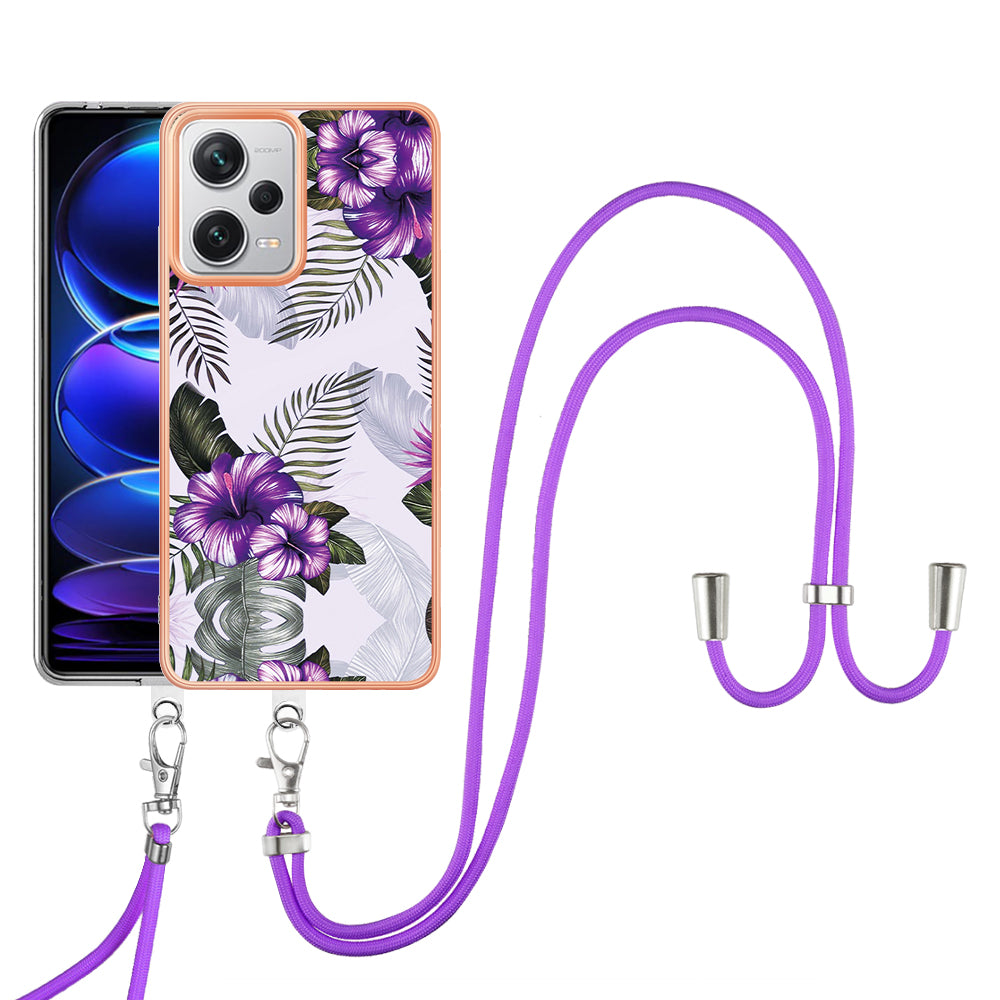 YB IMD Series-4 for Xiaomi Redmi Note 12 Pro+ 5G Electroplating TPU Shockproof Cover IMD Marble Flower Pattern Phone Case with Lanyard - Purple Flowers
