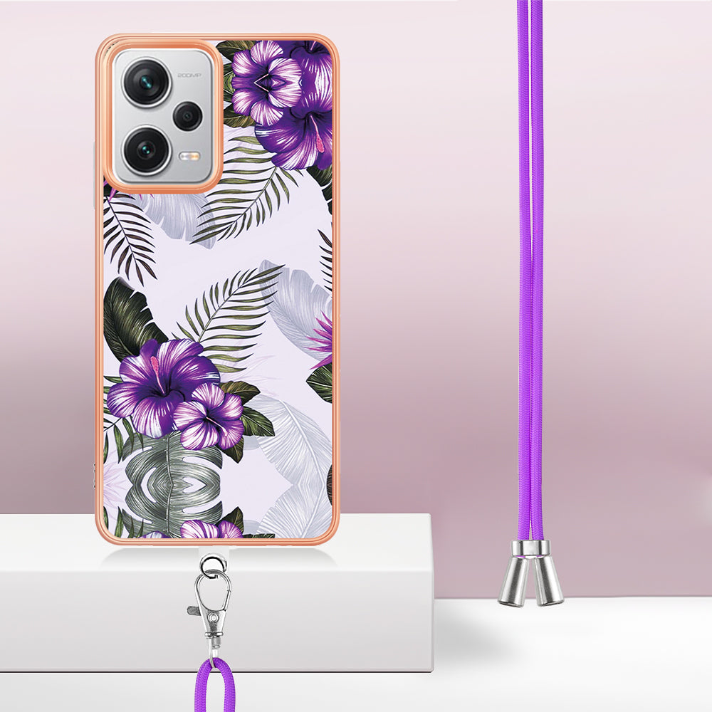 YB IMD Series-4 for Xiaomi Redmi Note 12 Pro+ 5G Electroplating TPU Shockproof Cover IMD Marble Flower Pattern Phone Case with Lanyard - Purple Flowers