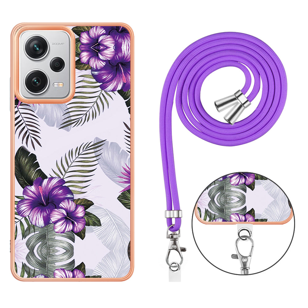 YB IMD Series-4 for Xiaomi Redmi Note 12 Pro+ 5G Electroplating TPU Shockproof Cover IMD Marble Flower Pattern Phone Case with Lanyard - Purple Flowers