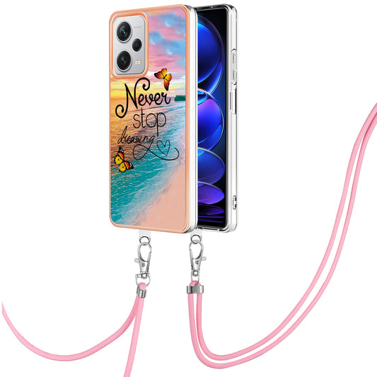 YB IMD Series-4 for Xiaomi Redmi Note 12 Pro+ 5G Electroplating TPU Shockproof Cover IMD Marble Flower Pattern Phone Case with Lanyard - Never Stop Dreaming
