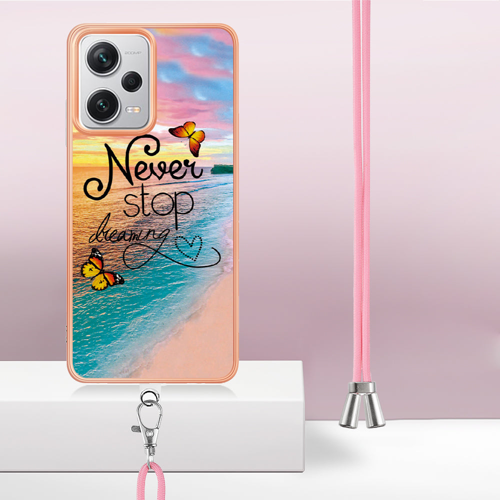 YB IMD Series-4 for Xiaomi Redmi Note 12 Pro+ 5G Electroplating TPU Shockproof Cover IMD Marble Flower Pattern Phone Case with Lanyard - Never Stop Dreaming