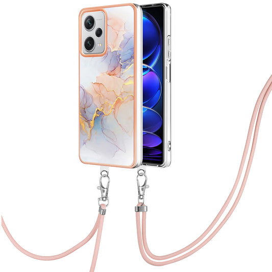 YB IMD Series-4 for Xiaomi Redmi Note 12 Pro+ 5G Electroplating TPU Shockproof Cover IMD Marble Flower Pattern Phone Case with Lanyard - Milky Way Marble White