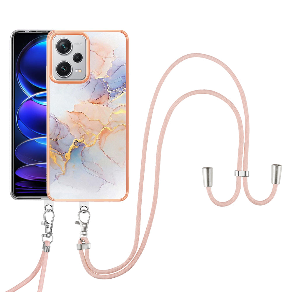 YB IMD Series-4 for Xiaomi Redmi Note 12 Pro+ 5G Electroplating TPU Shockproof Cover IMD Marble Flower Pattern Phone Case with Lanyard - Milky Way Marble White