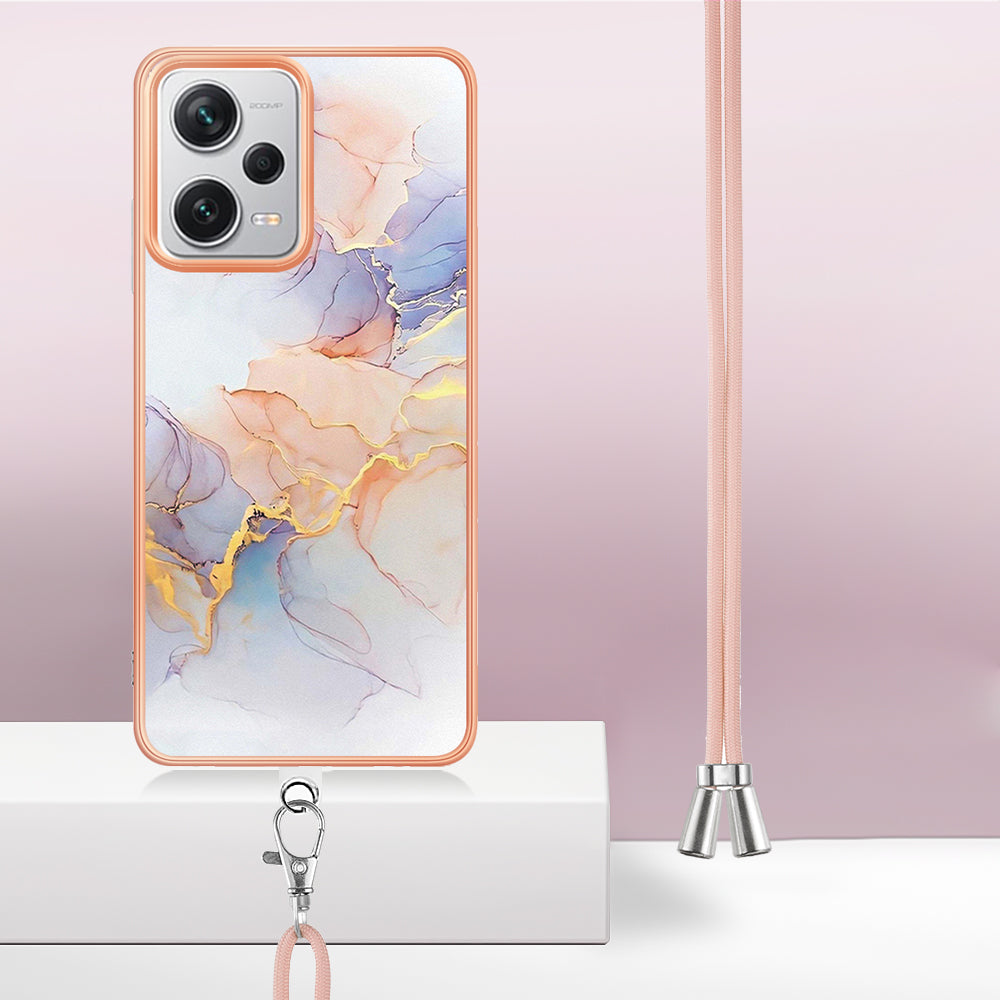 YB IMD Series-4 for Xiaomi Redmi Note 12 Pro+ 5G Electroplating TPU Shockproof Cover IMD Marble Flower Pattern Phone Case with Lanyard - Milky Way Marble White