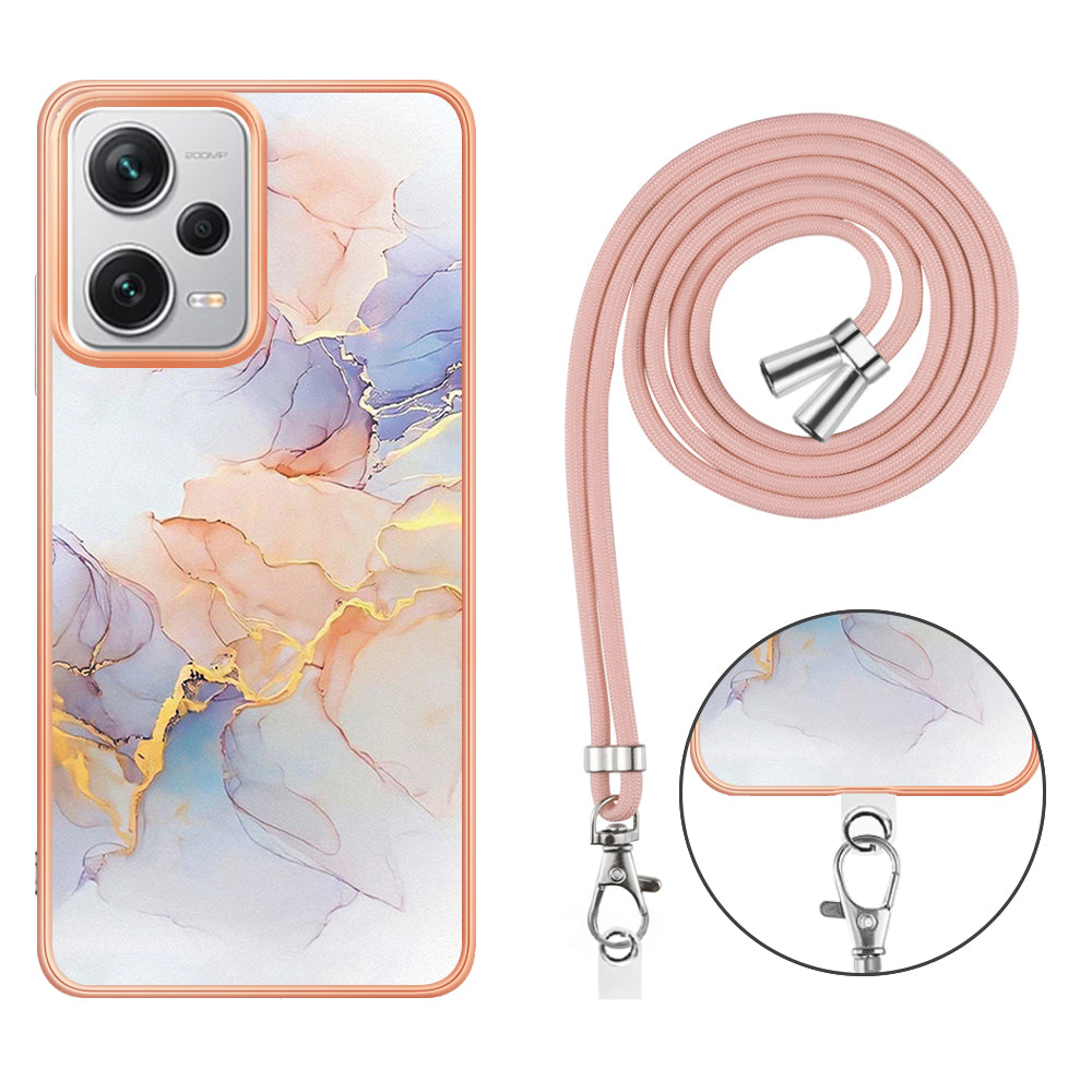 YB IMD Series-4 for Xiaomi Redmi Note 12 Pro+ 5G Electroplating TPU Shockproof Cover IMD Marble Flower Pattern Phone Case with Lanyard - Milky Way Marble White