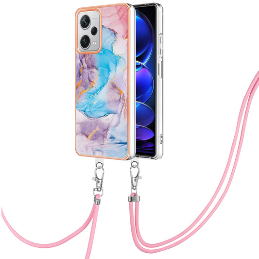 YB IMD Series-4 for Xiaomi Redmi Note 12 Pro+ 5G Electroplating TPU Shockproof Cover IMD Marble Flower Pattern Phone Case with Lanyard - Milky Way Marble Blue