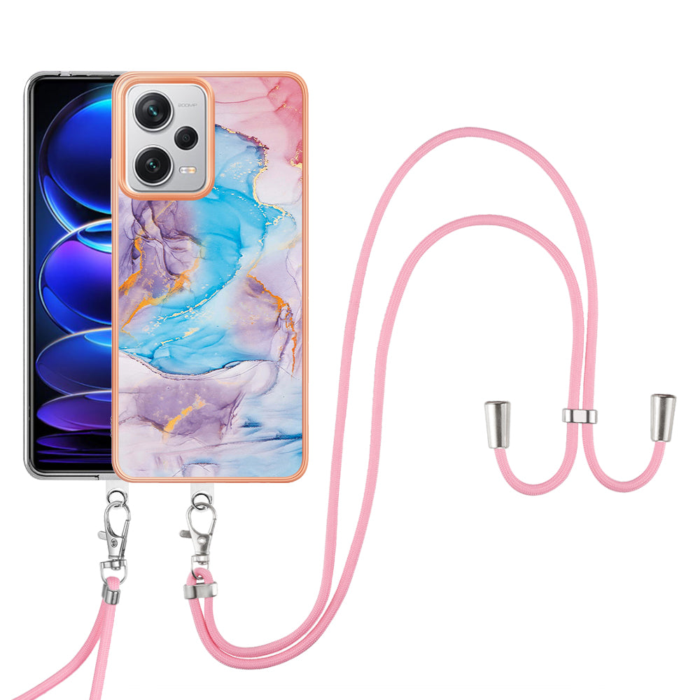 YB IMD Series-4 for Xiaomi Redmi Note 12 Pro+ 5G Electroplating TPU Shockproof Cover IMD Marble Flower Pattern Phone Case with Lanyard - Milky Way Marble Blue