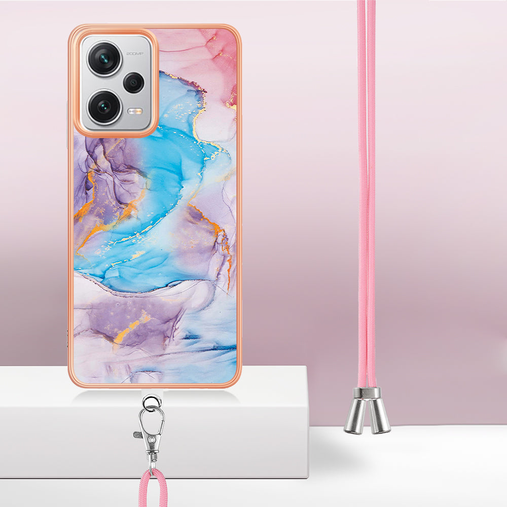 YB IMD Series-4 for Xiaomi Redmi Note 12 Pro+ 5G Electroplating TPU Shockproof Cover IMD Marble Flower Pattern Phone Case with Lanyard - Milky Way Marble Blue