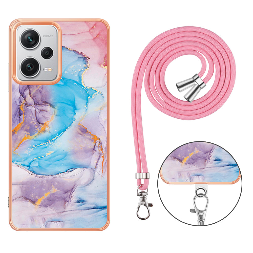 YB IMD Series-4 for Xiaomi Redmi Note 12 Pro+ 5G Electroplating TPU Shockproof Cover IMD Marble Flower Pattern Phone Case with Lanyard - Milky Way Marble Blue