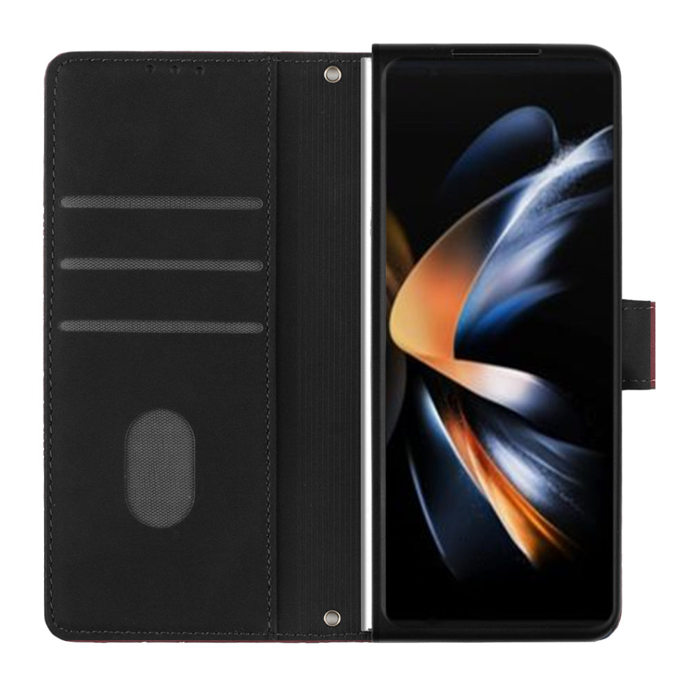 YB Imprinting Series-2 for Samsung Galaxy Z Fold5 5G Phone Stand Cover Imprinting Lines Leather Wallet Case with Shoulder Strap - Black