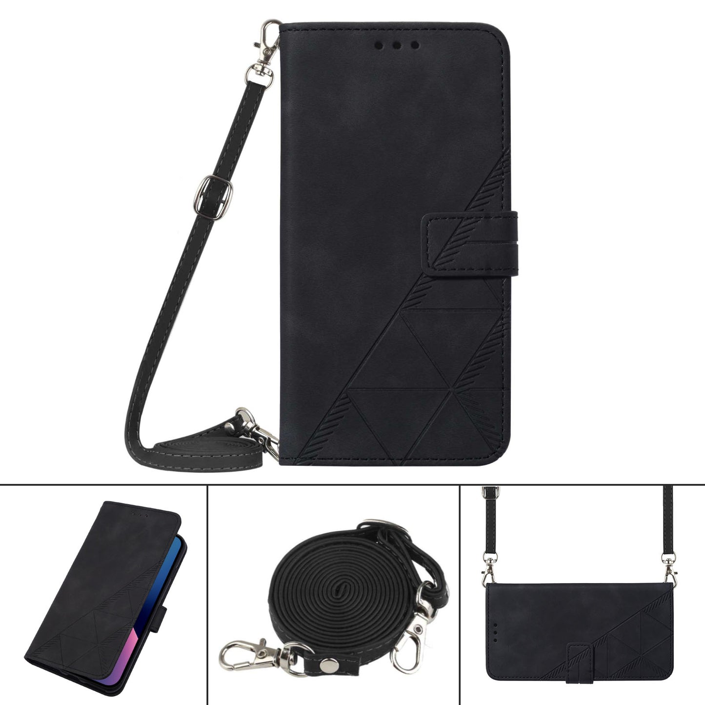 YB Imprinting Series-2 for Samsung Galaxy Z Fold5 5G Phone Stand Cover Imprinting Lines Leather Wallet Case with Shoulder Strap - Black