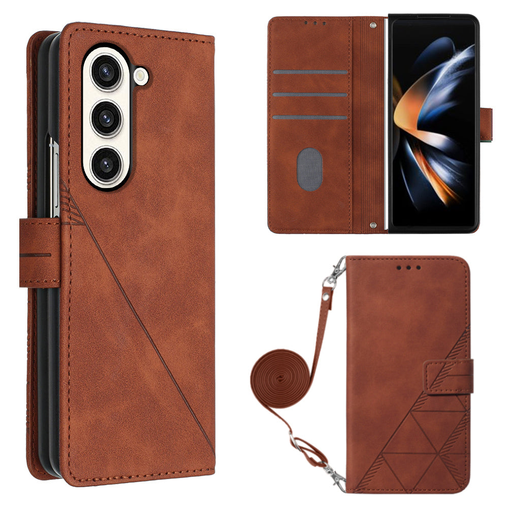 YB Imprinting Series-2 for Samsung Galaxy Z Fold5 5G Phone Stand Cover Imprinting Lines Leather Wallet Case with Shoulder Strap - Brown