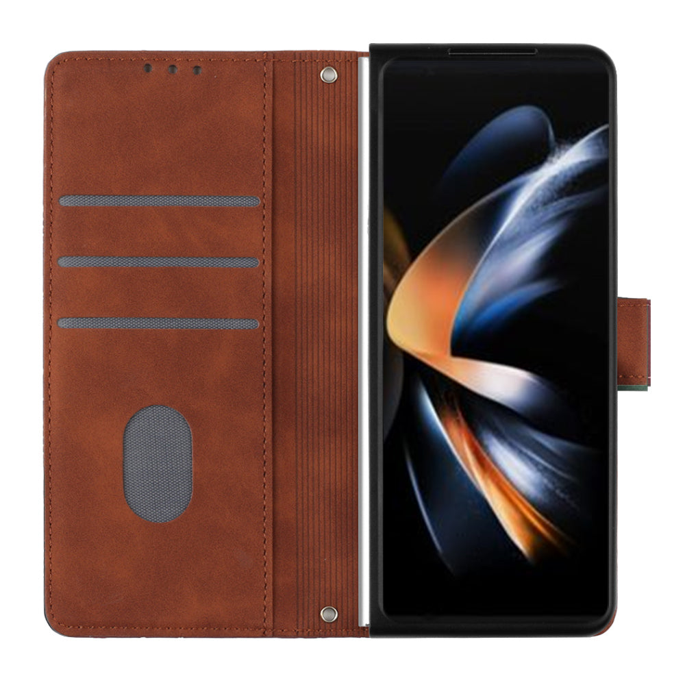 YB Imprinting Series-2 for Samsung Galaxy Z Fold5 5G Phone Stand Cover Imprinting Lines Leather Wallet Case with Shoulder Strap - Brown