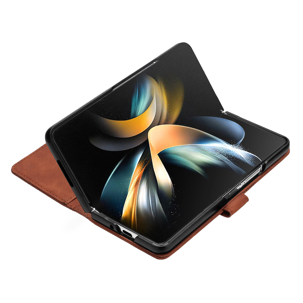 YB Imprinting Series-2 for Samsung Galaxy Z Fold5 5G Phone Stand Cover Imprinting Lines Leather Wallet Case with Shoulder Strap - Brown
