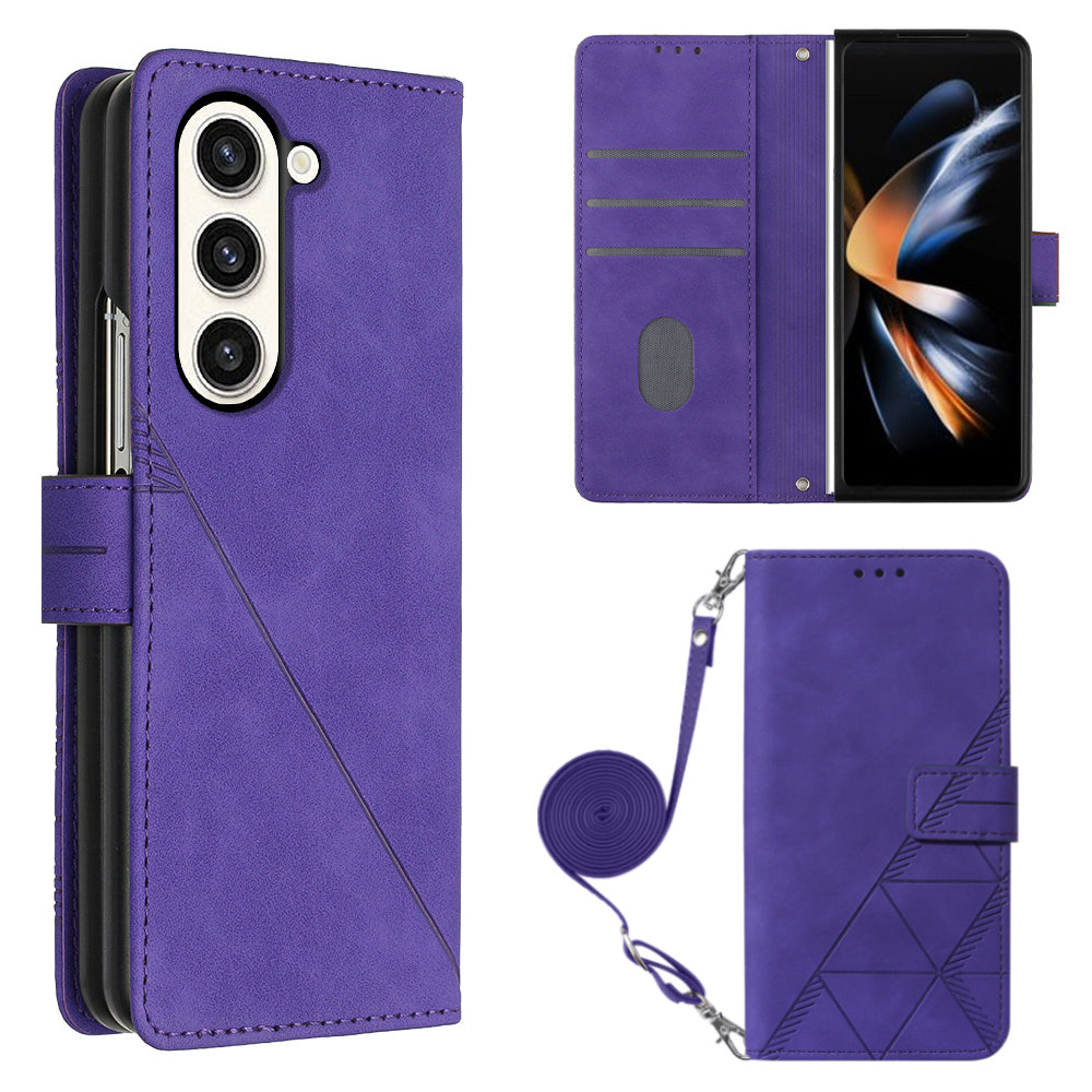 YB Imprinting Series-2 for Samsung Galaxy Z Fold5 5G Phone Stand Cover Imprinting Lines Leather Wallet Case with Shoulder Strap - Purple