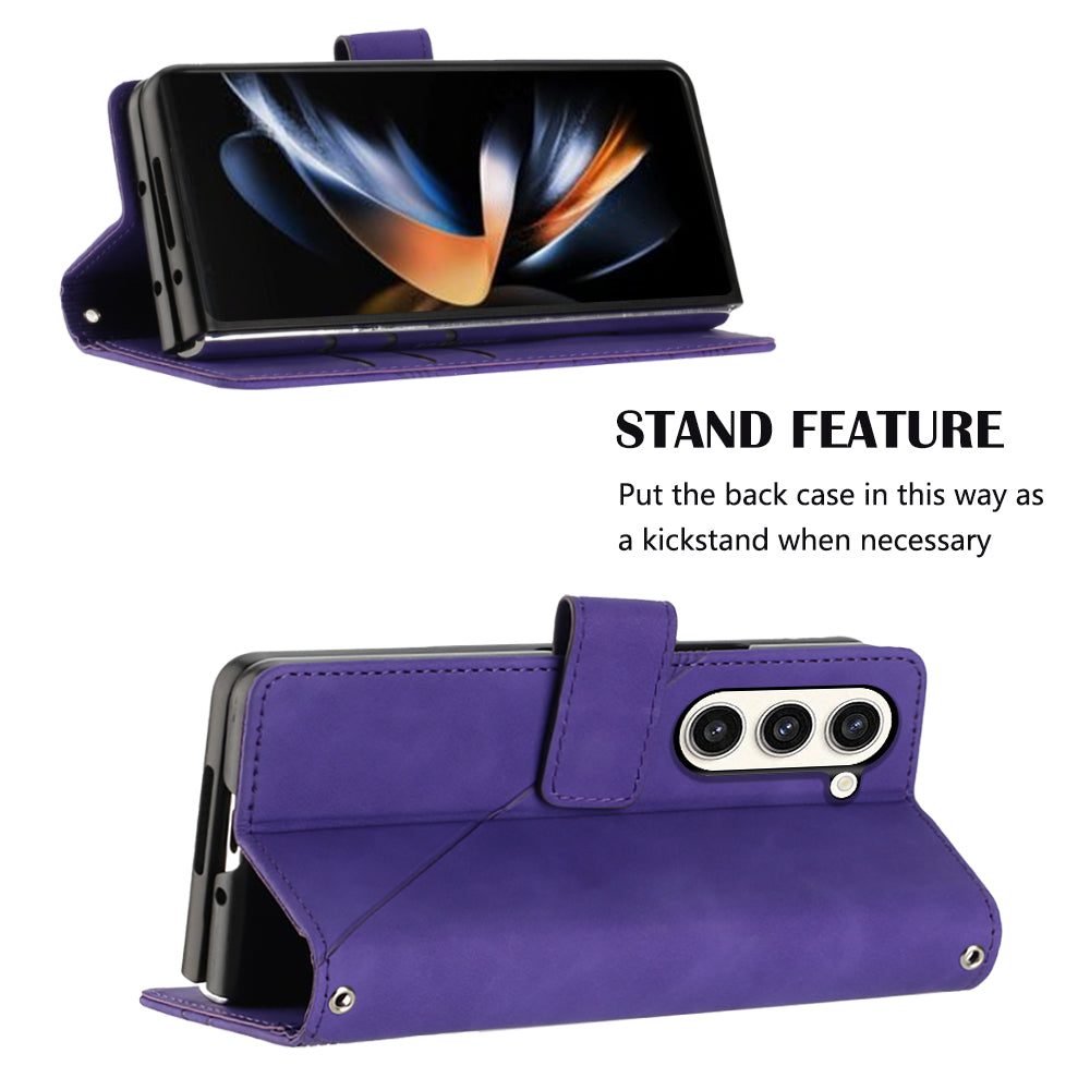 YB Imprinting Series-2 for Samsung Galaxy Z Fold5 5G Phone Stand Cover Imprinting Lines Leather Wallet Case with Shoulder Strap - Purple