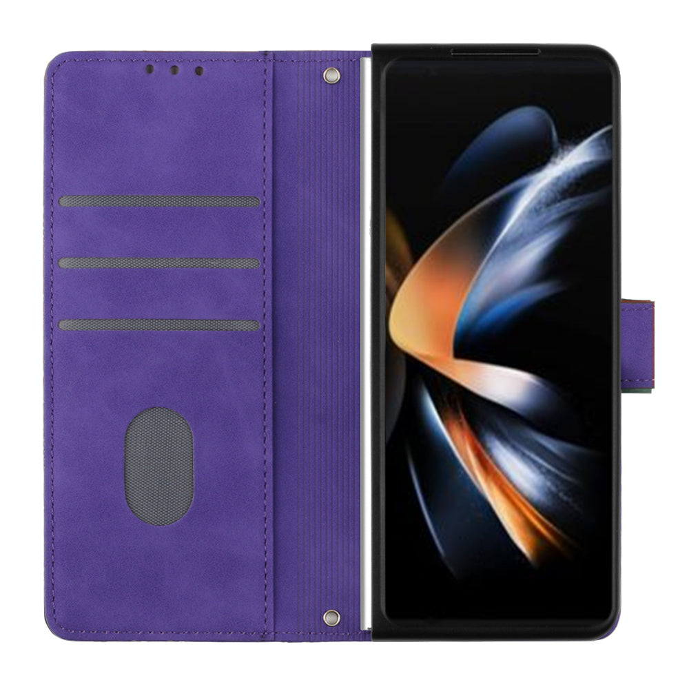YB Imprinting Series-2 for Samsung Galaxy Z Fold5 5G Phone Stand Cover Imprinting Lines Leather Wallet Case with Shoulder Strap - Purple