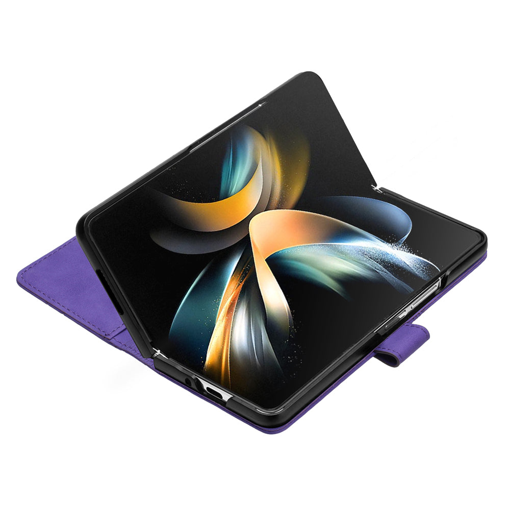 YB Imprinting Series-2 for Samsung Galaxy Z Fold5 5G Phone Stand Cover Imprinting Lines Leather Wallet Case with Shoulder Strap - Purple