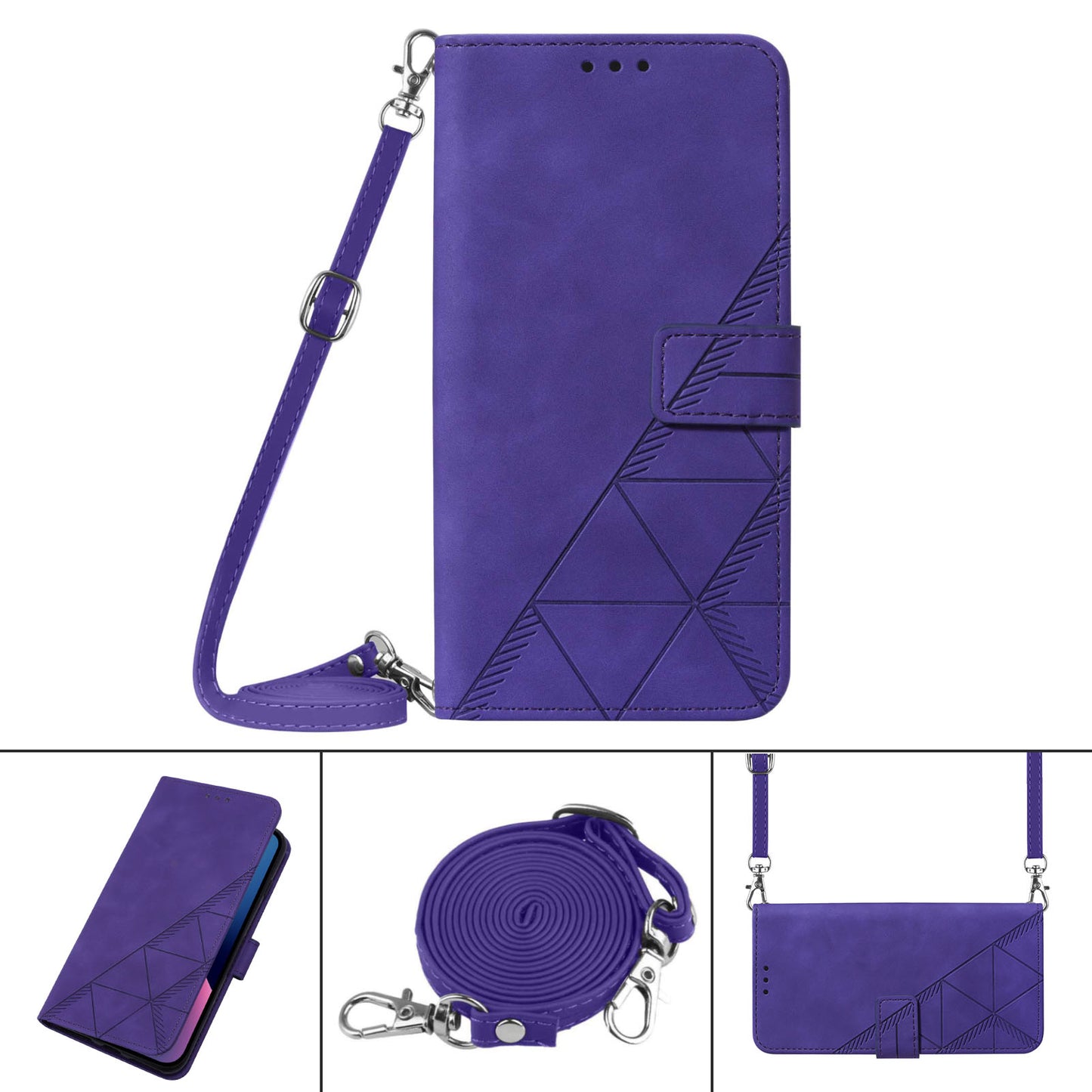 YB Imprinting Series-2 for Samsung Galaxy Z Fold5 5G Phone Stand Cover Imprinting Lines Leather Wallet Case with Shoulder Strap - Purple