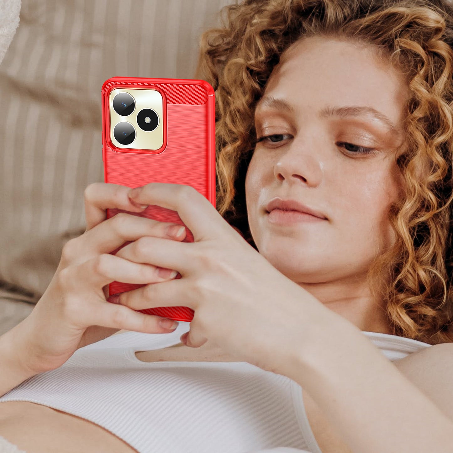 Protector Case for Realme C53 4G / Narzo N53 4G , Carbon Fiber Texture Soft TPU Brushed Phone Cover - Red