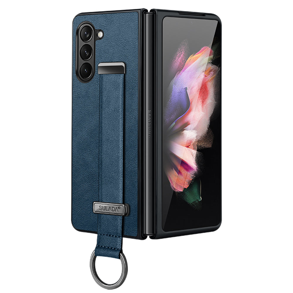 Uniqkart Fashion Series for Samsung Galaxy Z Fold5 5G Wristband Kickstand Phone Case Leather Coated PC Cover - Blue