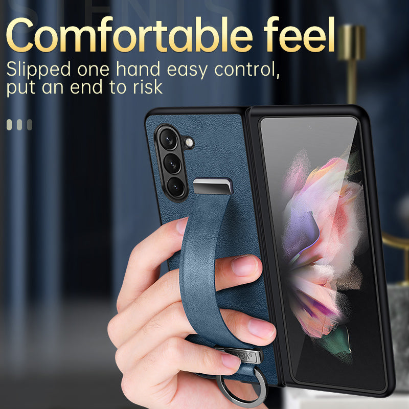 Uniqkart Fashion Series for Samsung Galaxy Z Fold5 5G Wristband Kickstand Phone Case Leather Coated PC Cover - Black