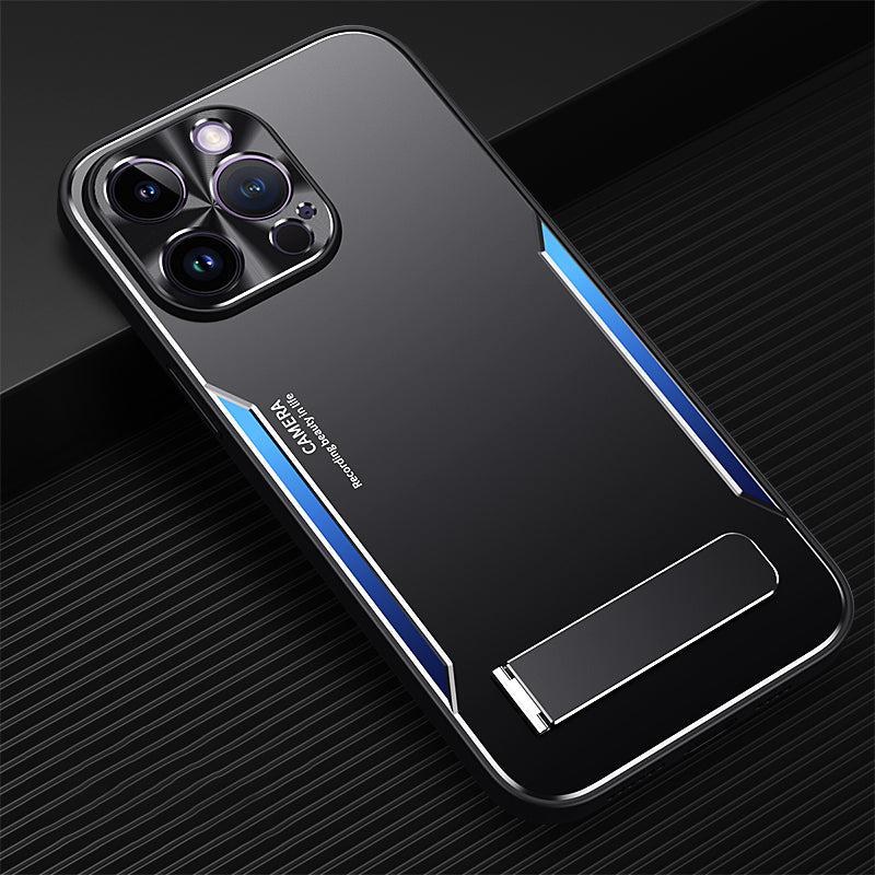 TPU+Aluminium Alloy Phone Case for iPhone 14 Pro Anti-drop Kickstand Back Cover - Blue